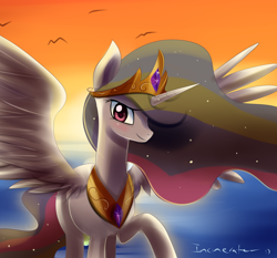 Size: 800x747 | Tagged: safe, artist:incinerater, imported from derpibooru, princess celestia, bird, female, solo, water