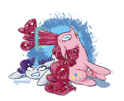 Size: 2340x1900 | Tagged: safe, artist:eggsammich, imported from derpibooru, pinkie pie, rarity, comb, frustrated, grooming, ouch, pain