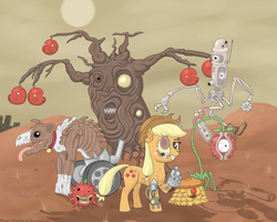 Size: 1000x800 | Tagged: safe, artist:wizzlbang, imported from derpibooru, applejack, bloomberg, winona, zombie, apple, bumpty, crossover, daemonut, monster, mortasheen, screampie, volross, willoweird, z-harvester