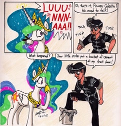 Size: 1479x1527 | Tagged: safe, artist:newyorkx3, imported from derpibooru, princess celestia, human, comic, prank, self insert, traditional art