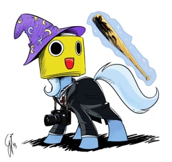 Size: 900x850 | Tagged: safe, artist:glancojusticar, imported from derpibooru, trixie, pony, unicorn, baseball bat, blood, camera, crossover, dead rising, female, frank west, mare, servbot, servbot mask, solo