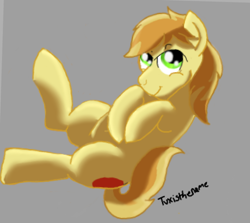 Size: 622x556 | Tagged: safe, artist:tuxisthename, imported from derpibooru, braeburn, gray background, hooves to the chest, lying down, on back, simple background, solo