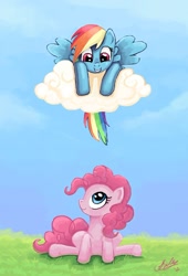 Size: 650x957 | Tagged: safe, artist:jennifereasley, imported from derpibooru, pinkie pie, rainbow dash, cloud