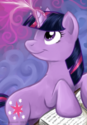 Size: 557x800 | Tagged: safe, artist:neonpossum, imported from derpibooru, twilight sparkle, unicorn, abstract background, book, looking up, magic, smiling, solo, unicorn twilight