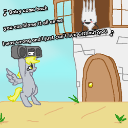 Size: 500x500 | Tagged: safe, imported from derpibooru, derpy hooves, pegasus, pony, boombox, boombox serenade, cloydes, female, fork, mare, movie reference, say anything, serenade, shipping, text