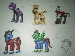 Size: 960x720 | Tagged: safe, artist:fmayang, imported from derpibooru, crow t robot, gypsy(robot), joel robinson, mike nelson, mystery science theater 3000, ponified, self insert, simple background, tom servo, traditional art