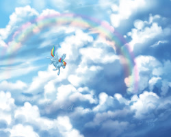 Size: 700x560 | Tagged: safe, artist:celesse, imported from derpibooru, rainbow dash, pony, cloud, cloudy, female, flying, rainbow, solo