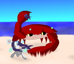 Size: 1280x1107 | Tagged: safe, imported from derpibooru, rarity, crab, beach, fight, rarity fighting a giant crab