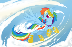 Size: 1202x800 | Tagged: safe, artist:caycowa, imported from derpibooru, rainbow dash, pegasus, pony, the best night ever, action pose, clothes, cloud, dress, female, gala dress, mare, open mouth, smiling, solo, windswept tail