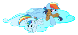 Size: 3300x1500 | Tagged: safe, artist:littletiger488, imported from derpibooru, rainbow dash, oc, oc:circuit, oc:eden, pegasus, pony, cloud, offspring, on a cloud, parent:applejack, parent:rainbow dash, parent:soarin', parents:soarindash, parents:soarinjack