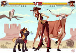 Size: 1250x880 | Tagged: safe, artist:jackpot-84, imported from derpibooru, oc, oc only, cow, human, pony, cigarette, cloven hooves, cowgirl, female, fight, udder, video game