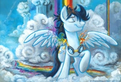 Size: 934x633 | Tagged: safe, artist:kenket, artist:spainfischer, imported from derpibooru, soarin', pegasus, pony, acrylic painting, cloudsdale, eyes closed, featured image, g4, goggles, male, messy mane, old cutie mark, rainbow, raised hoof, shower, smiling, solo, spread wings, stallion, stupid sexy soarin', traditional art, wet, wet mane