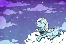 Size: 995x669 | Tagged: dead source, safe, artist:iceheartcell, imported from derpibooru, oc, oc only, oc:snowdrop, pony, cloud, elderly, female, lying down, mare, older, older snowdrop, prone, sky, solo, stars