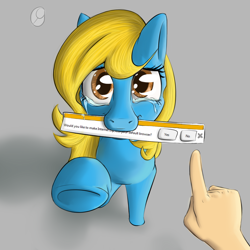 Size: 1200x1200 | Tagged: safe, artist:jellerjar, artist:lurkie-oh, imported from derpibooru, oc, oc:internet explorer, human, pony, adventure in the comments, browser ponies, crying, cute, hand, internet explorer, mouth hold, ponified, pov, sad