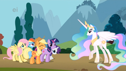 Size: 1366x768 | Tagged: safe, imported from derpibooru, screencap, applejack, fluttershy, princess celestia, rainbow dash, rarity, twilight sparkle, alicorn, earth pony, pegasus, pony, unicorn, season 1, swarm of the century, :t, bowing, crown, ei, ethereal mane, eyes closed, female, floppy ears, frown, glare, grin, gritted teeth, hoof shoes, hub logo, jewelry, looking up, mare, meme origin, nervous, origins, peytral, raised hoof, regalia, smiling, spread wings, twiface, unicorn twilight, wide eyes, wrong neighborhood