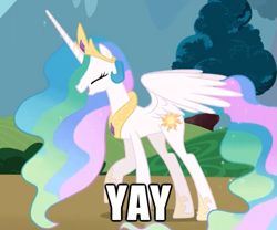 Size: 625x521 | Tagged: safe, imported from derpibooru, princess celestia, alicorn, pony, cute, cutelestia, female, image macro, mare, reaction image, yay