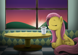 Size: 1000x707 | Tagged: safe, artist:xioade, imported from derpibooru, fluttershy, pony, coffee, eyes closed, female, solo