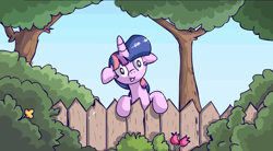 Size: 1354x750 | Tagged: safe, artist:scrimpeh, imported from derpibooru, twilight sparkle, pony, bust, female, fence, flower, looking at you, mare, smiling, solo, tree