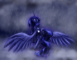 Size: 2523x1959 | Tagged: dead source, safe, artist:zedrin, imported from derpibooru, princess luna, pony, eyes closed, female, rain, solo, spread wings, wet, wet mane