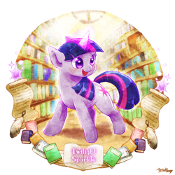 Size: 1000x1000 | Tagged: safe, artist:tatugon, imported from derpibooru, twilight sparkle, pony, female, library, quill, scroll, smiling, solo