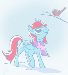 Size: 600x660 | Tagged: safe, artist:shelzie, imported from derpibooru, oc, oc only, bird, pegasus, pony, robin (bird), clothes, robin, scarf, snow, snowfall