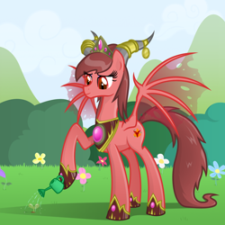 Size: 900x900 | Tagged: safe, artist:sunyup, imported from derpibooru, dracony, hybrid, alexstrasza, female, hoof hold, hoof shoes, horn rings, horns, magnetic hooves, mare, ponified, solo, tattered, tattered wings, transparent wings, warcraft, watering, watering can, wings, world of warcraft