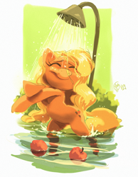 Size: 1445x1865 | Tagged: safe, artist:edtropolis, imported from derpibooru, applejack, earth pony, pony, apple, bipedal, eyes closed, female, loose hair, mare, obligatory apple, shower, showering, signature, smiling, solo, water, wet mane