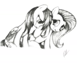 Size: 2000x1627 | Tagged: safe, artist:shadawg, imported from derpibooru, fluttershy, rainbow dash, crying, grayscale, monochrome, sad, simple background, traditional art