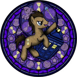 Size: 3600x3600 | Tagged: safe, artist:akili-amethyst, imported from derpibooru, derpy hooves, doctor whooves, time turner, earth pony, pegasus, pony, disney, dive to the heart, doctor who, female, gallifreyan, kingdom hearts, mare, sonic screwdriver, stained glass, tardis, the doctor