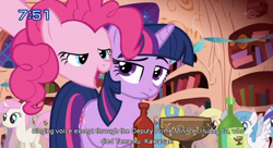 Size: 844x460 | Tagged: safe, imported from derpibooru, screencap, pinkie pie, twilight sparkle, deputy prime minister huang ju, japanese, text, wat, youtube caption