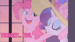 Size: 1280x720 | Tagged: safe, edit, edited screencap, imported from derpibooru, screencap, pinkie pie, rarity, earth pony, pony, unicorn, aqua teen hunger force, bedroom eyes, caption, image macro, out of context, pink text, tonight you