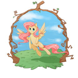 Size: 2000x2000 | Tagged: safe, artist:tomat-in-cup, imported from derpibooru, fluttershy, pegasus, pony, cloud, female, flying, grass, mare, simple background, sky, solo, transparent background