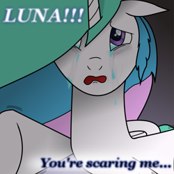 Size: 1005x1005 | Tagged: safe, artist:gigabowser, imported from derpibooru, princess celestia, pony, crying, fanfic, female, lost to the sands, sad, solo