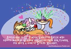 Size: 500x345 | Tagged: safe, artist:brutamod, imported from derpibooru, applejack, steven magnet, sweetie belle, earth pony, pony, unicorn, mylittleheadcanon, clearly satire, exploitable meme, female, filly, flower, headcanon, magic, mare, mouth hold, otp, parody, pie, rose, satire, sweetiejack