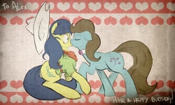 Size: 1280x766 | Tagged: safe, artist:fiddlearts, imported from derpibooru, beauty brass, fiddlesticks, earth pony, pony, apple family member, duo, eyes closed, female, fiddlebrass, kiss on the lips, kissing, lesbian, mare, musician, shipping, surprise kiss, surprised