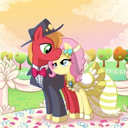 Size: 500x500 | Tagged: safe, artist:madmax, edit, imported from derpibooru, big macintosh, fluttershy, earth pony, pony, clothes, dress, fluttermac, male, shipping, stallion, straight, swapped cutie marks, wedding, wedding dress