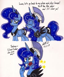 Size: 1277x1536 | Tagged: safe, artist:newyorkx3, imported from derpibooru, princess luna, female, lunartemis, male, prince artemis, rule 63, self ponidox, selfcest, this will end in pain, traditional art