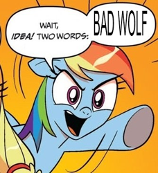 Size: 334x366 | Tagged: safe, idw, imported from derpibooru, rainbow dash, bad wolf, doctor who, exploitable meme, meme, two words meme