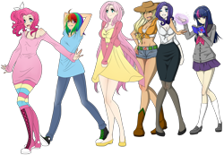 Size: 1000x692 | Tagged: safe, artist:magicarin, imported from derpibooru, applejack, fluttershy, pinkie pie, rainbow dash, rarity, twilight sparkle, human, belly button, cleavage, clothes, converse, daisy dukes, dress, female, front knot midriff, humanized, line-up, magic, mane six, midriff, shoes, skinny, skirt, wip