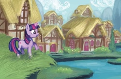 Size: 800x518 | Tagged: safe, artist:w-e-z, imported from derpibooru, twilight sparkle, pony, cottage, female, glowing horn, ponyville, raised hoof, river, scenery, solo