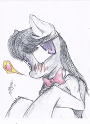 Size: 932x1280 | Tagged: safe, artist:majikplant420, imported from derpibooru, octavia melody, pony, blushing, female, heart, solo, traditional art