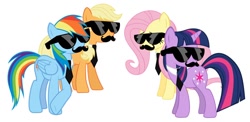 Size: 936x458 | Tagged: safe, imported from derpibooru, applejack, fluttershy, rainbow dash, twilight sparkle, mousdash, moustache, sunglasses