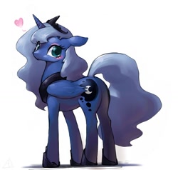 Size: 1132x1077 | Tagged: dead source, safe, artist:bluedrg19, imported from derpibooru, princess luna, alicorn, pony, blushing, butt, cute, eyeshadow, female, floating heart, floppy ears, heart, looking at you, looking back, lunabetes, mare, plot, simple background, solo, white background