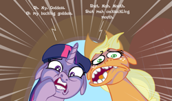 Size: 921x540 | Tagged: safe, imported from derpibooru, applejack, twilight sparkle, shocked, vulgar