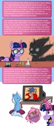 Size: 832x1920 | Tagged: safe, artist:crystal-secret, artist:darkstarchan, imported from derpibooru, trixie, twilight sparkle, ask, comic, cyoa, food, kamina, ponified, science, sparklestrixesandmagic, television, tengen toppa gurren lagann, tumblr