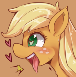 Size: 965x986 | Tagged: safe, artist:hua, imported from derpibooru, applejack, blushing, female, heart, simple background, solo, tongue out, wingding eyes