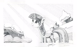 Size: 3572x2176 | Tagged: safe, imported from derpibooru, twilight sparkle, winter wrap up, crepuscular rays, monochrome, pointillism, scene interpretation, snow, traditional art