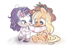 Size: 500x317 | Tagged: safe, artist:th351, imported from derpibooru, applejack, rarity, clothes, female, holly, lesbian, rarijack, scarf, shared clothing, shared scarf, shipping, simple background, white background