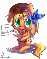 Size: 2507x3128 | Tagged: safe, artist:jggjqm522, imported from derpibooru, applejack, bottle, breakfast, food, messy, pancakes, poison joke, syrup