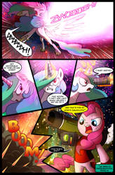 Size: 851x1300 | Tagged: safe, artist:madmax, imported from derpibooru, pinkie pie, princess celestia, comic:battle for equestria, battle for equestria, clothes, comic, corrupted celestia, cosplay, costume, deadpool, marvel, pinkiepool, rocket launcher, tyrant celestia